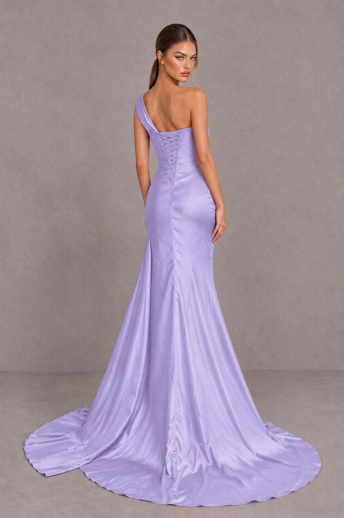 BOLODOO Lavender One Shoulder Satin Mermaid Evening Dress with Ruched Slit Skirt - Lavender - Lavender_2