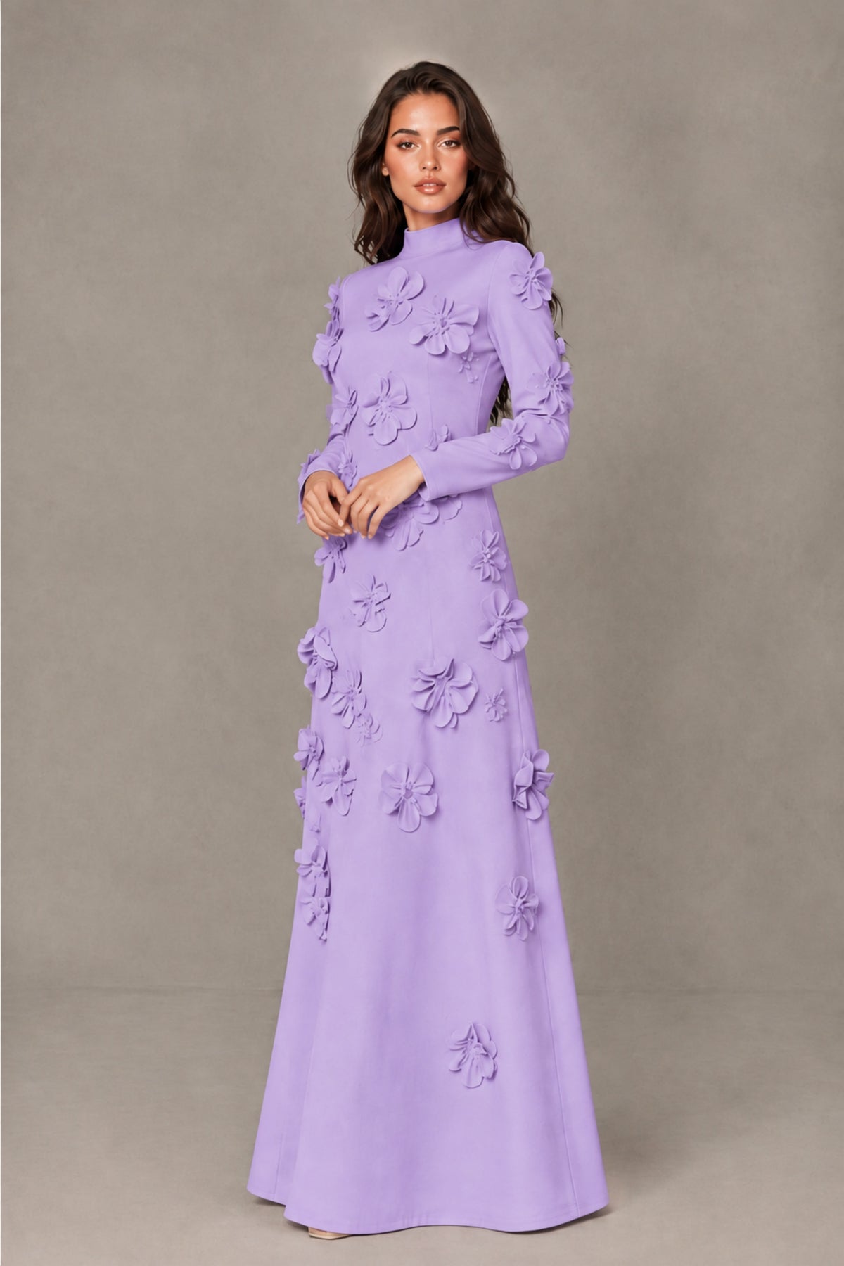BOLODOO Lavender High Neck Long Sleeve 3D Floral Evening Gown - Lavender