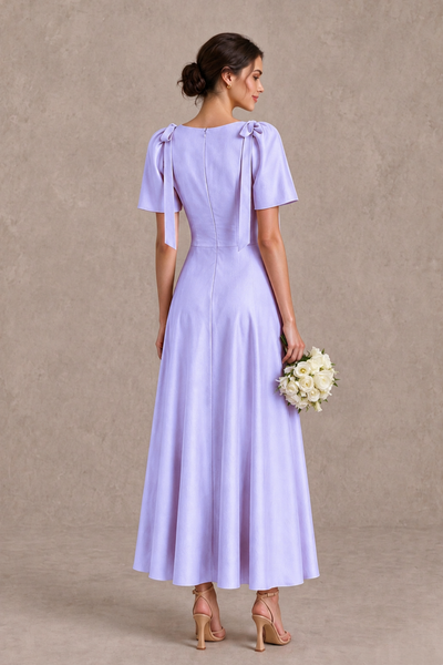 BOLODOO Lavender V-Neck Short Sleeve Satin-Look Bridesmaid Dress with Shoulder Bows - Lavender - Lavender_2