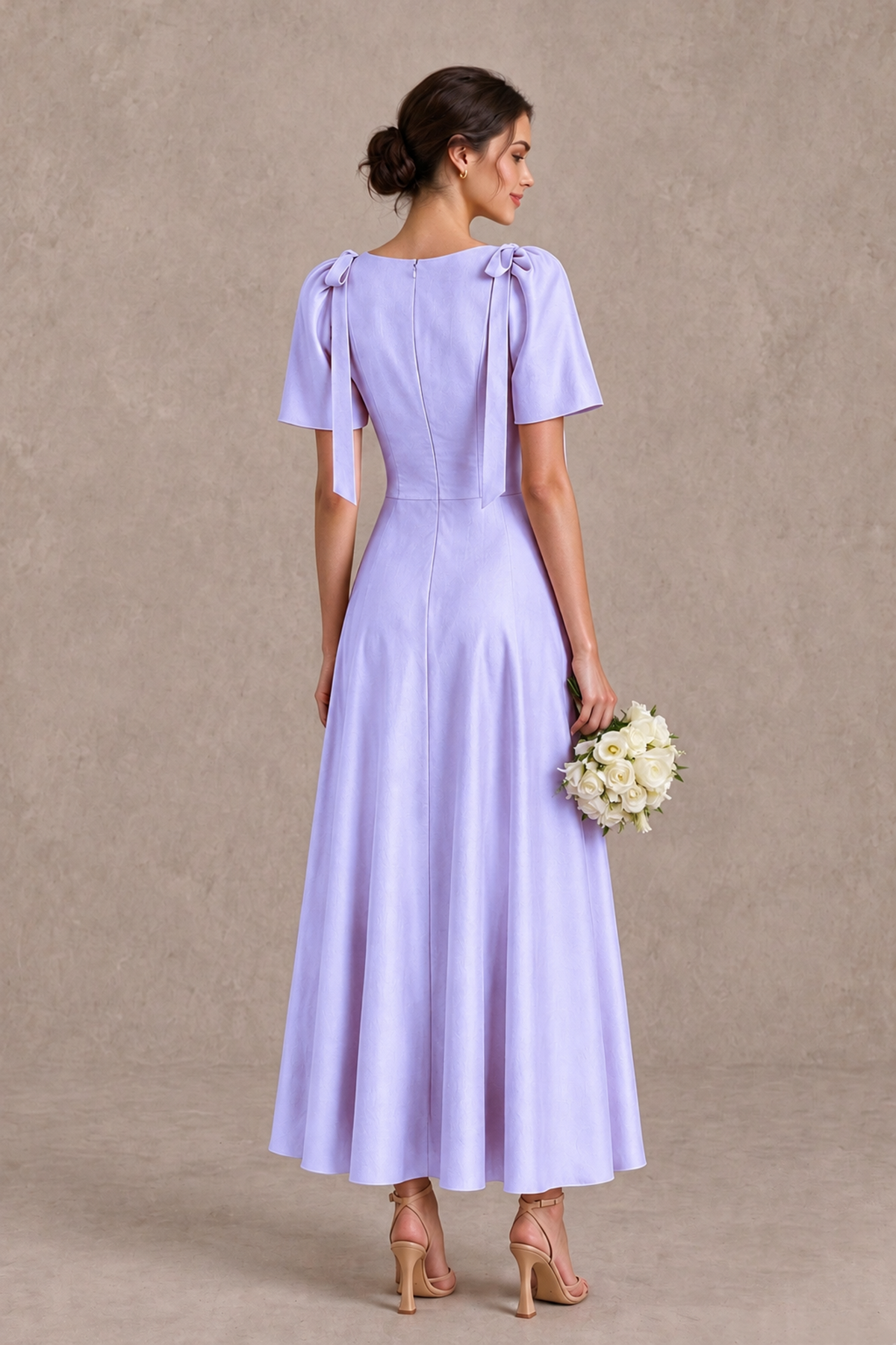 BOLODOO Lavender V-Neck Short Sleeve Satin-Look Bridesmaid Dress with Shoulder Bows - Lavender - Lavender_2