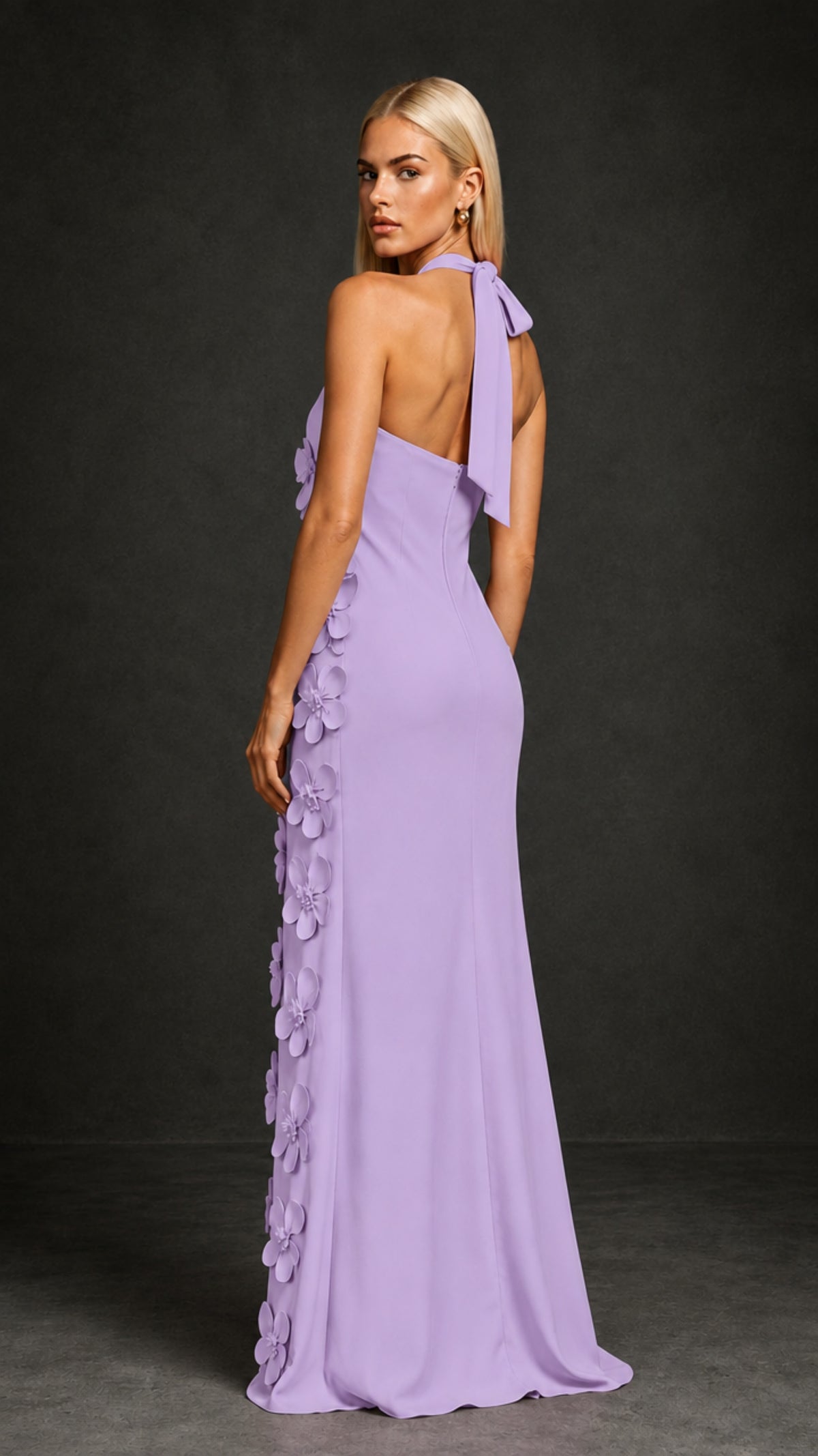 BOLODOO Lavender Cross Halter Neck 3D Floral Appliqué Backless Mermaid Maxi Gown - Lavender