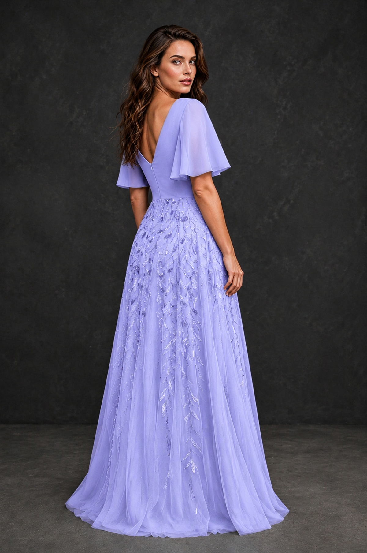 BOLODOO Lavender V-Neck Flutter Sleeve Beaded Botanical Tulle A-Line Gown | Mother of the Bride Evening Dress - Lavender - Lavender_2
