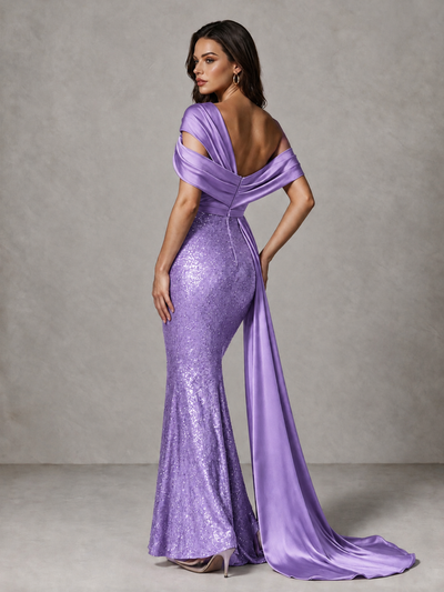 BOLODOO Lavender Sequin Mermaid Evening Dress with Off-Shoulder Satin Drape and Sweep Train - Lavender - Lavender_2