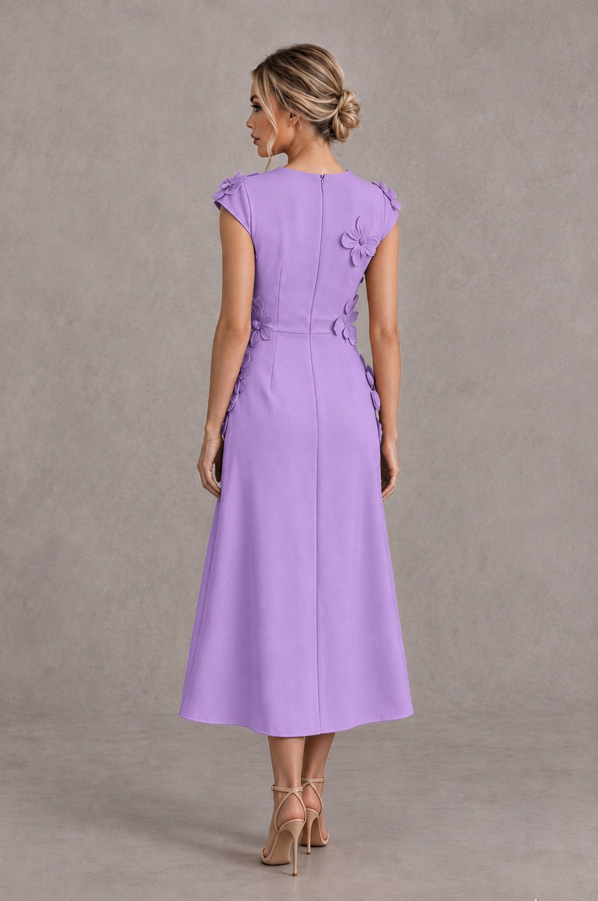 BOLODOO Lavender 3D Floral Cap Sleeve Midi Cocktail Dress - Lavender - Lavender_2