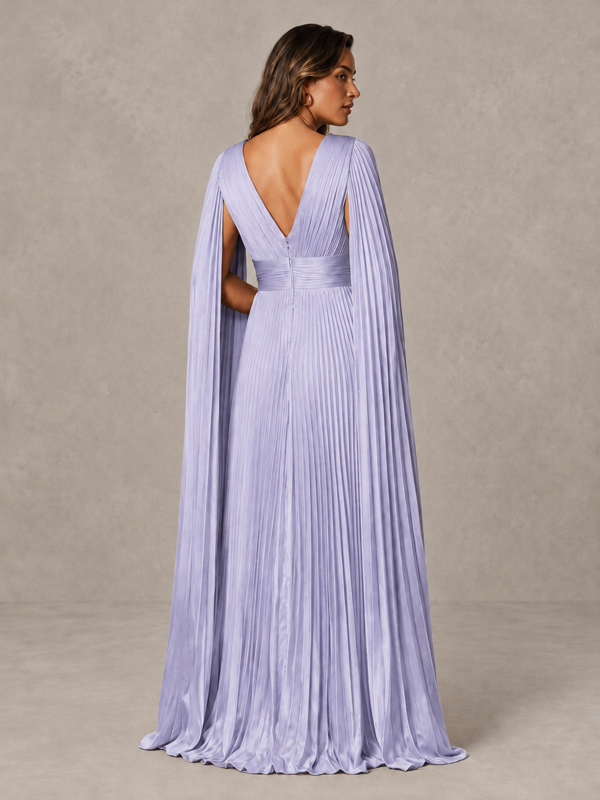 BOLODOO Lavender Deep V-Neck Pleated Cape Sleeve Evening Gown - Lavender - Lavender_2