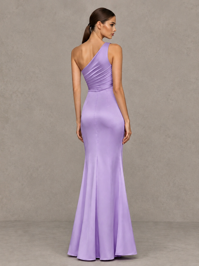 BOLODOO Lavender One-Shoulder Ruched Satin-Look Evening Gown with High Slit - Lavender - Lavender_2