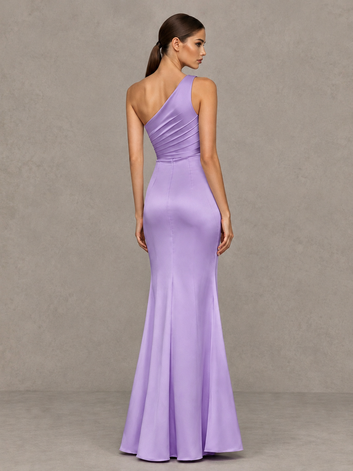 BOLODOO Lavender One-Shoulder Ruched Satin-Look Evening Gown with High Slit - Lavender - Lavender_2