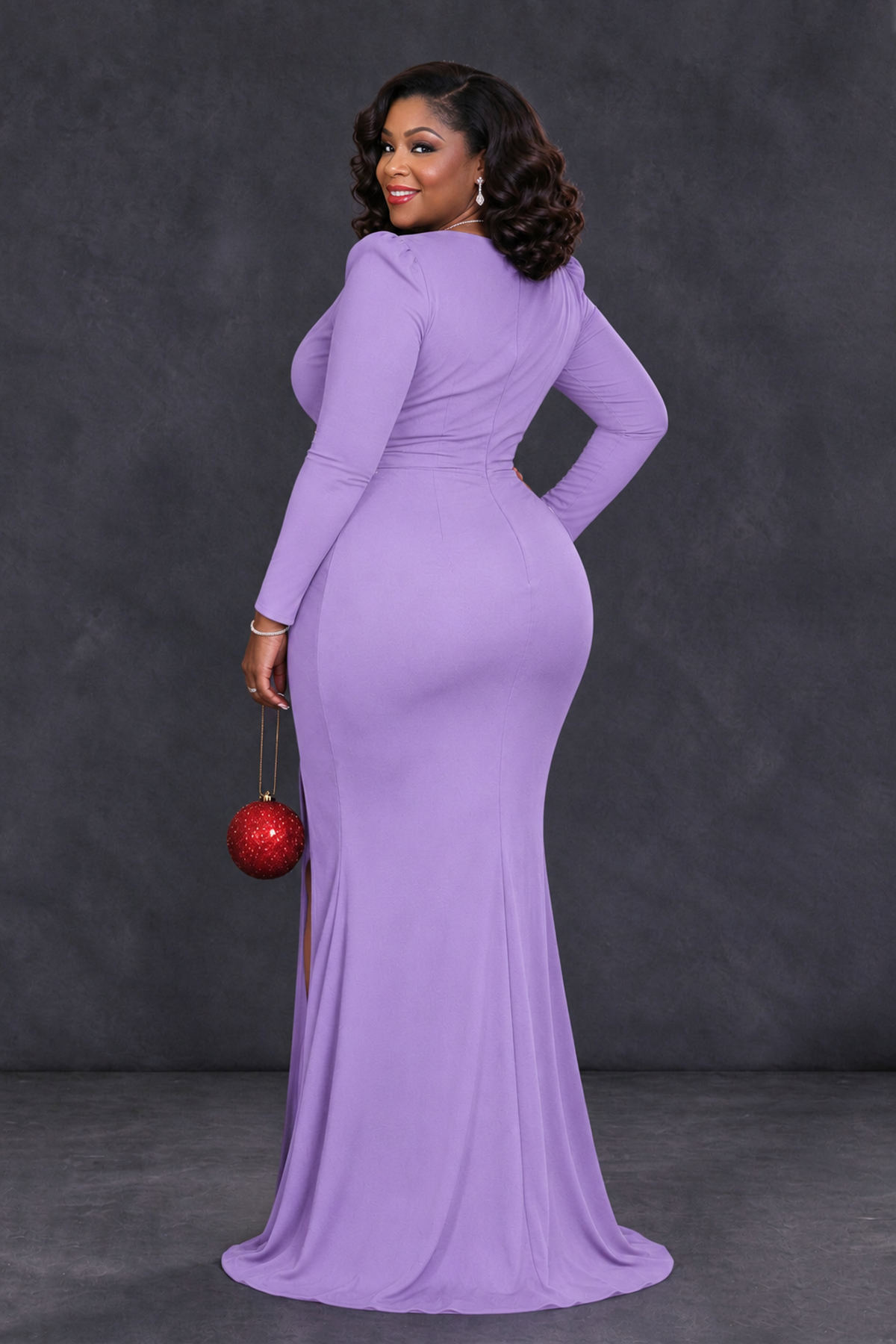 BOLODOO Lavender Plus Size Long Sleeve V-Neck Mother of the Bride Dress with Slit - Lavender - Lavender_2