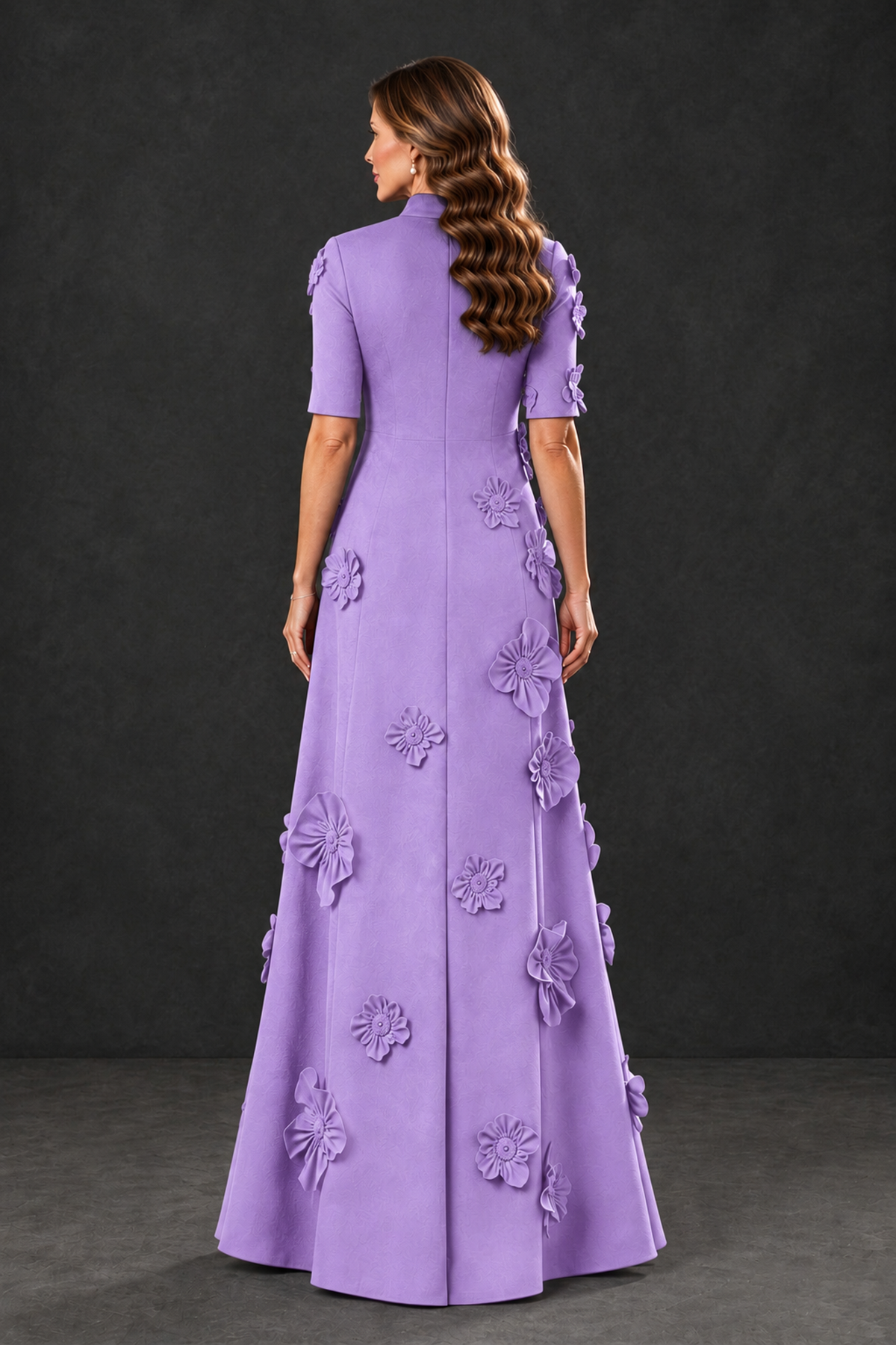 BOLODOO Lavender Floral Applique High-Neck Half-Sleeve Gown - Lavender - Lavender_2