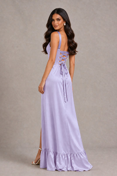BOLODOO Lavender Square Neck Satin Evening Dress with Lace-Up Back and High Slit - Lavender - Lavender_2