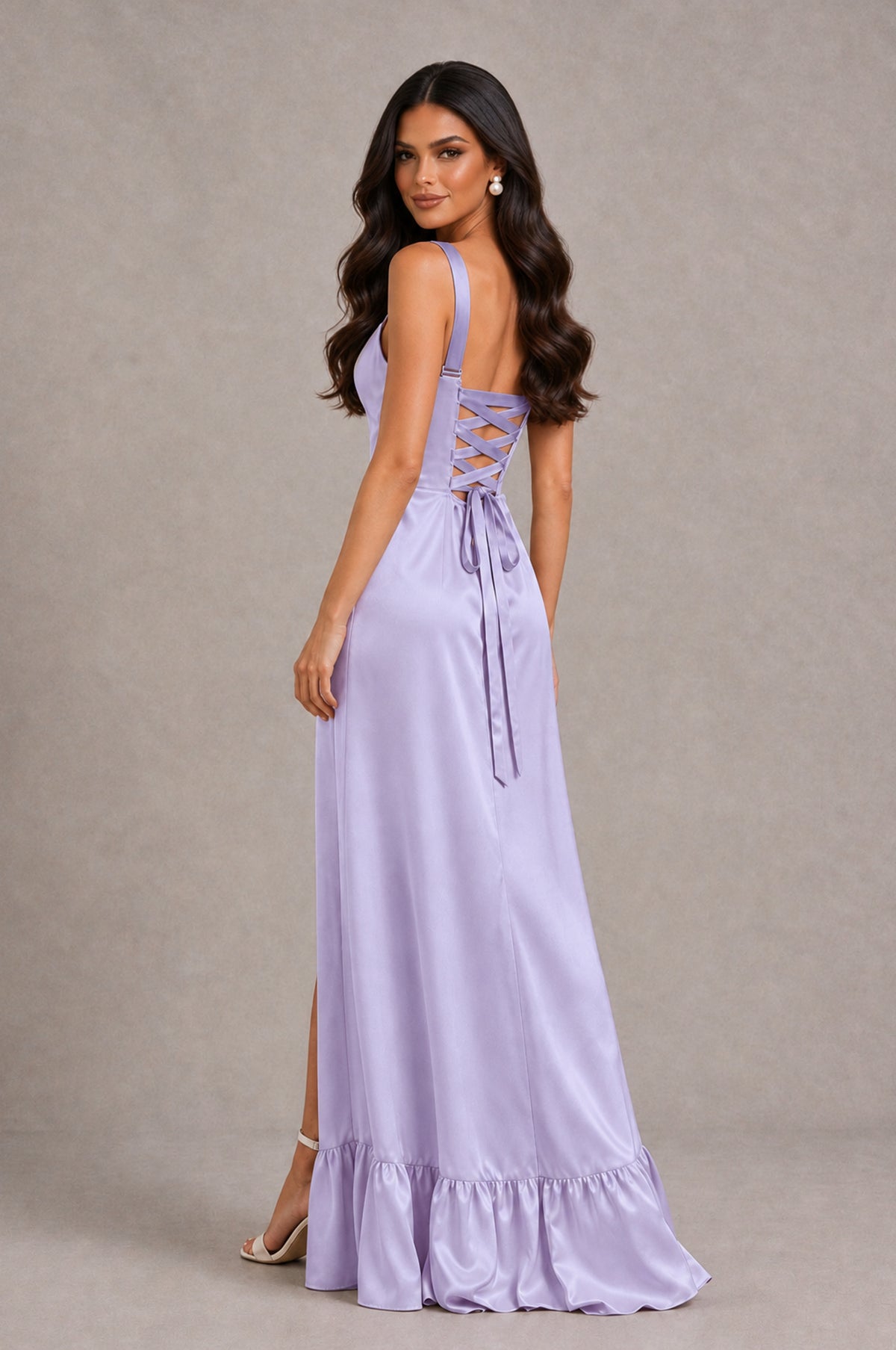 BOLODOO Lavender Square Neck Satin Evening Dress with Lace-Up Back and High Slit - Lavender - Lavender_2