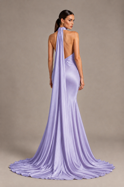 BOLODOO Lavender One-Shoulder Satin Mermaid Evening Dress with Scarf - Lavender - Lavender_2
