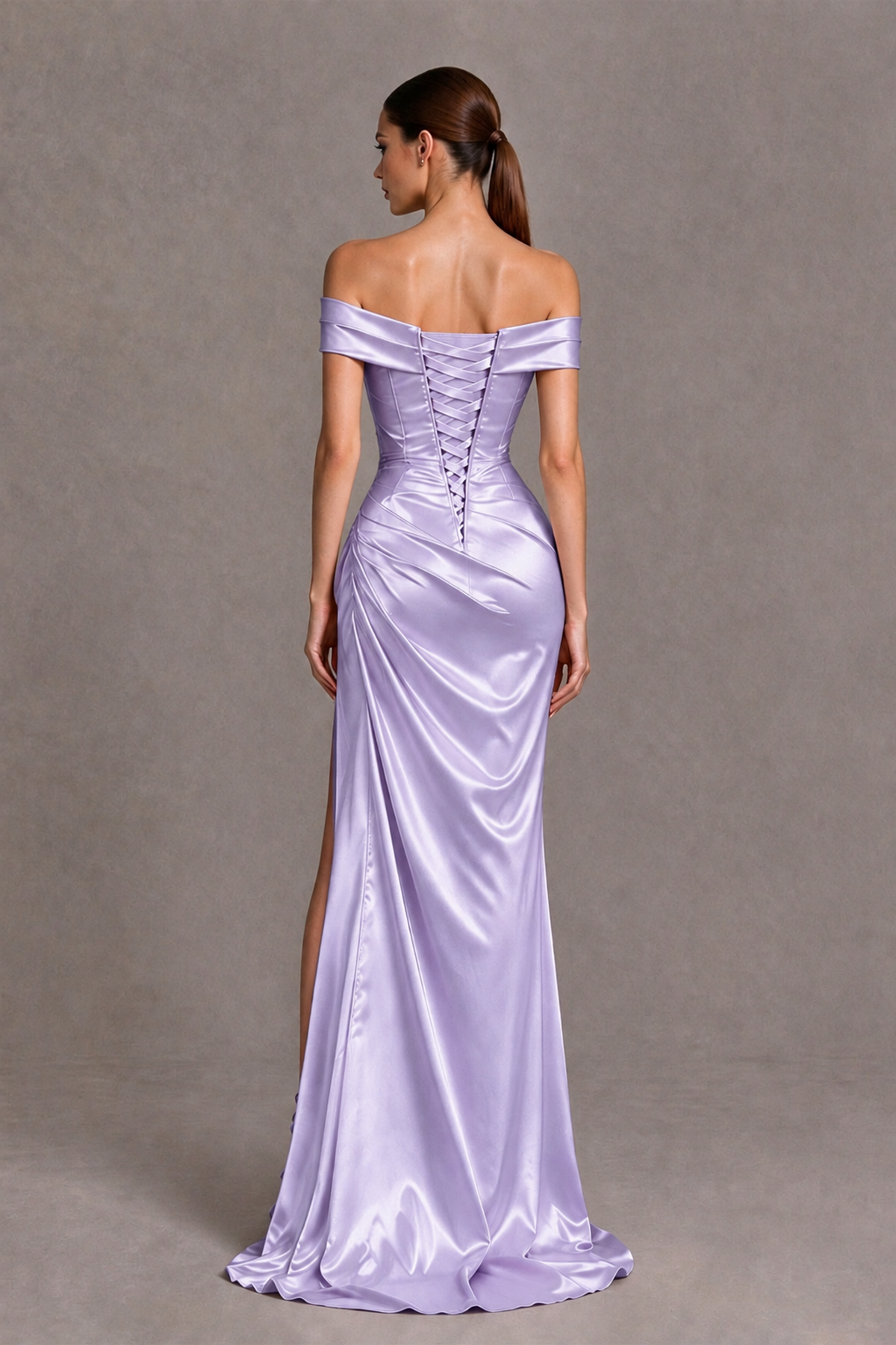 BOLODOO Lavender Off-the-Shoulder Ruched Satin Prom & Evening Dress with High Slit - Lavender - Lavender_2