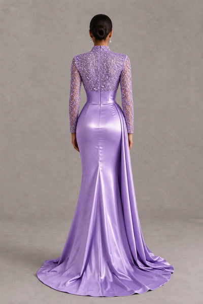 BOLODOO Lavender Long Sleeve Embellished Satin Mermaid Evening Gown - Lavender - Lavender_2