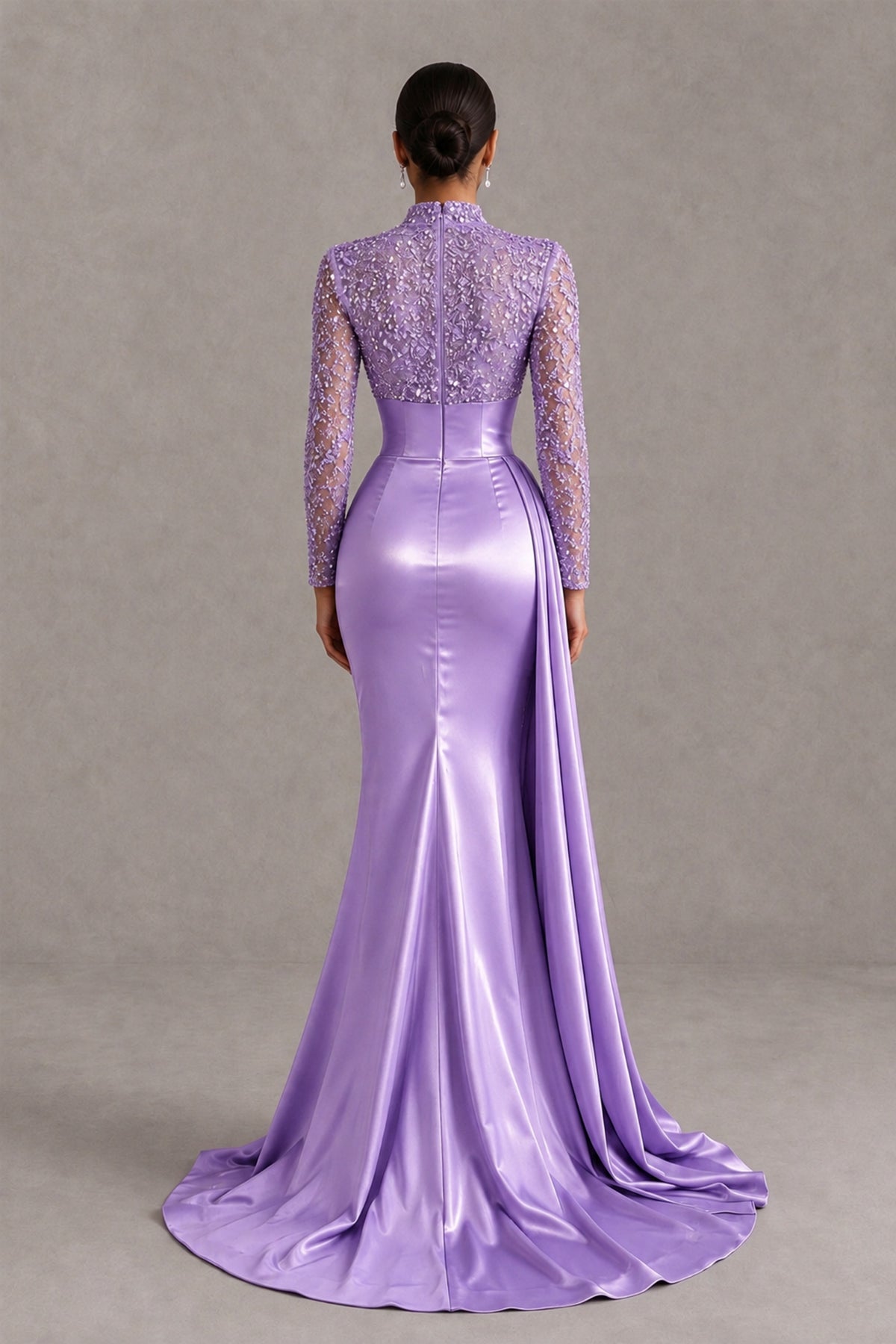 BOLODOO Lavender Long Sleeve Embellished Satin Mermaid Evening Gown - Lavender - Lavender_2