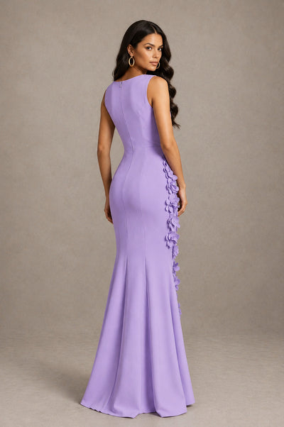 BOLODOO Lavender Bateau Neck Sleeveless Asymmetric Peplum 3D Petal Appliqué Mermaid Gown BD0421 - Lavender - Lavender_2