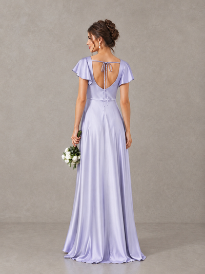 BOLODOO Lavender Satin Square Neck Flutter Sleeve A-Line Bridesmaid Dress with Slit - Lavender - Lavender_2