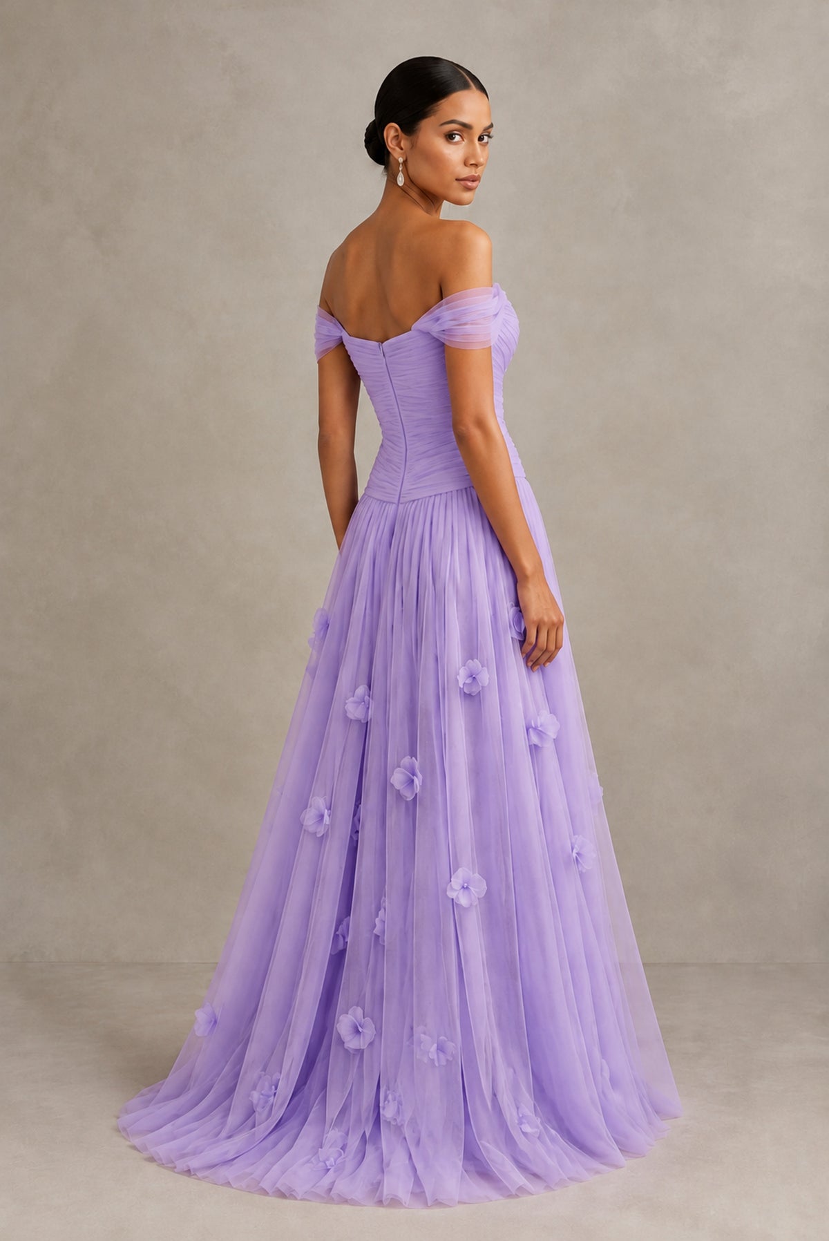 Lavender Off-Shoulder Sweetheart A-Line Tulle Gown with 3D Floral Appliques | BOLODOO - Lavender