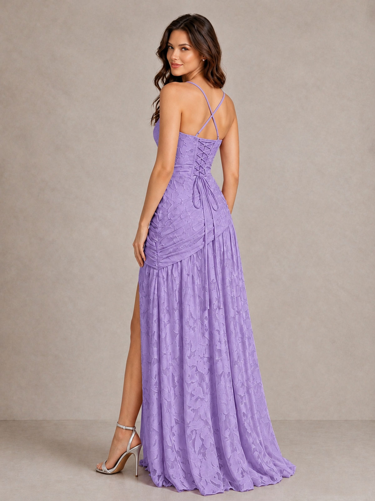 BOLODOO Lavender Floral Jacquard Bridesmaid Dress with Square Neck, Lace-Up Back & High Slit - Lavender - Lavender_2
