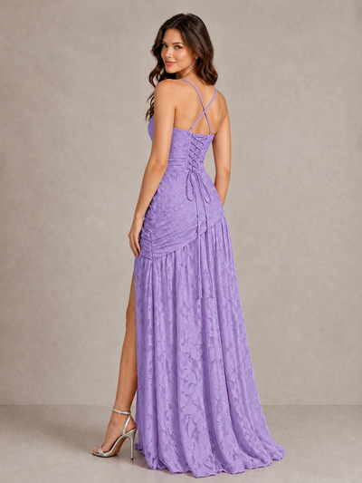 BOLODOO Lavender Floral Jacquard Bridesmaid Dress with Square Neck, Lace-Up Back & High Slit - Lavender - Lavender_2