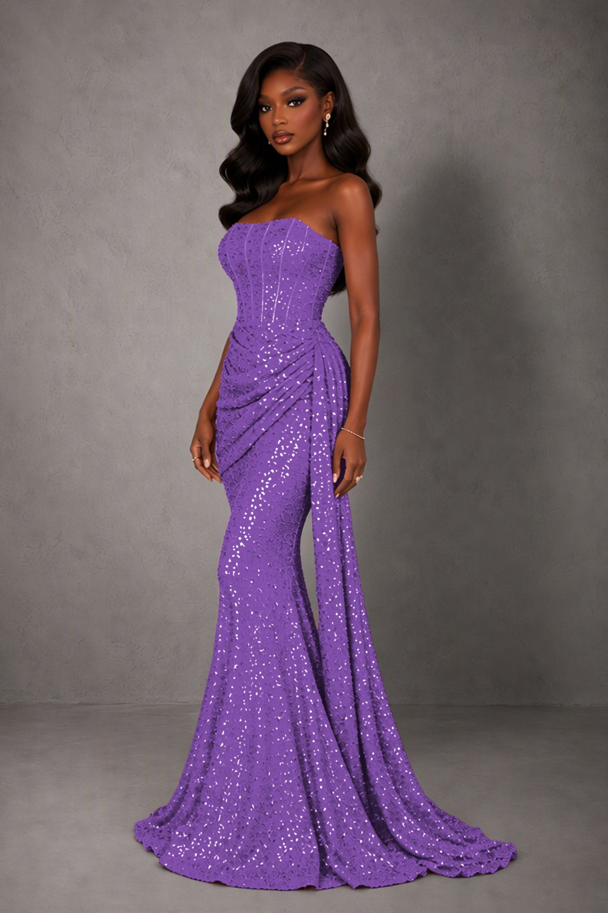 BOLODOO Lavender Sequin Strapless Corset Mermaid Evening Gown with Train - Lavender