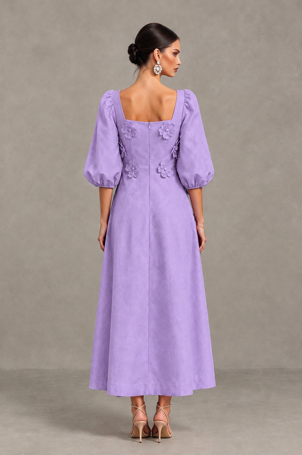 BOLODOO Lavender 3D Floral Puff Sleeve Midi Cocktail Dress - Lavender - Lavender_2