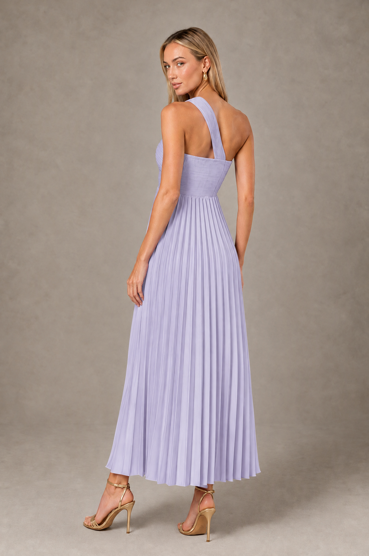BOLODOO Lavender One-Shoulder Twist Knot Pleated Satin Midi Dress with Cutout - Lavender - Lavender_2