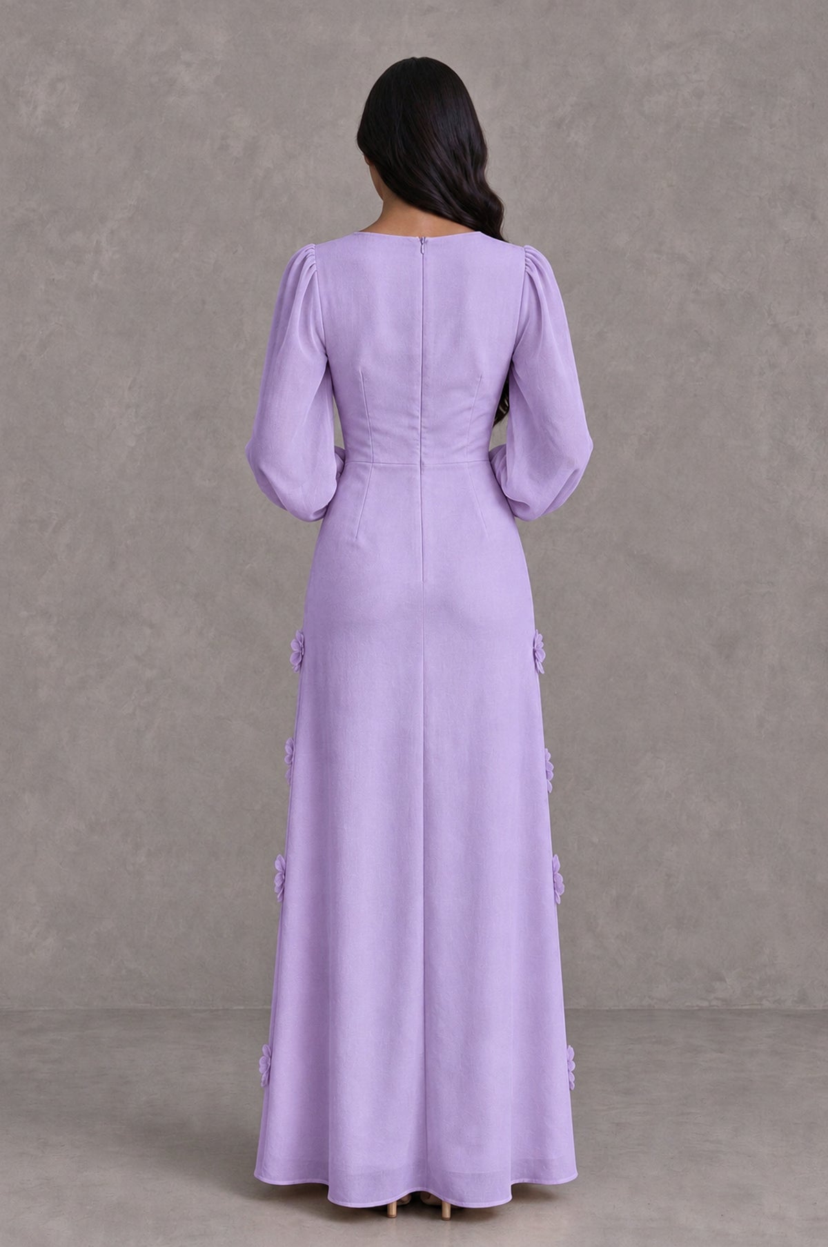 BOLODOO Lavender Long Sleeve Floral Applique A-Line Evening Dress - Lavender - Lavender_2