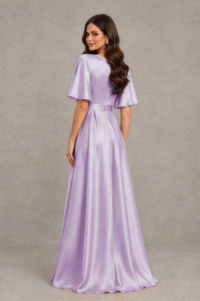 BOLODOO Lavender Satin V-Neck Flutter Sleeve Bridesmaid Dress with Slit - Lavender - Lavender(2)