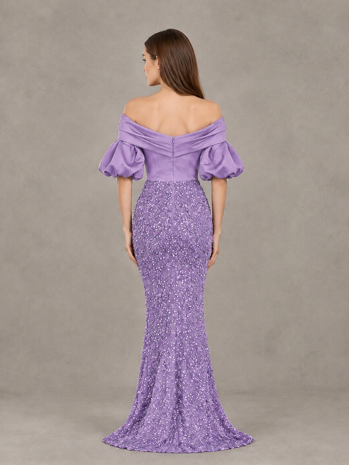 BOLODOO Lavender Off-Shoulder Puff Sleeve Sequin Mermaid Evening Dress - Lavender - Lavender_2