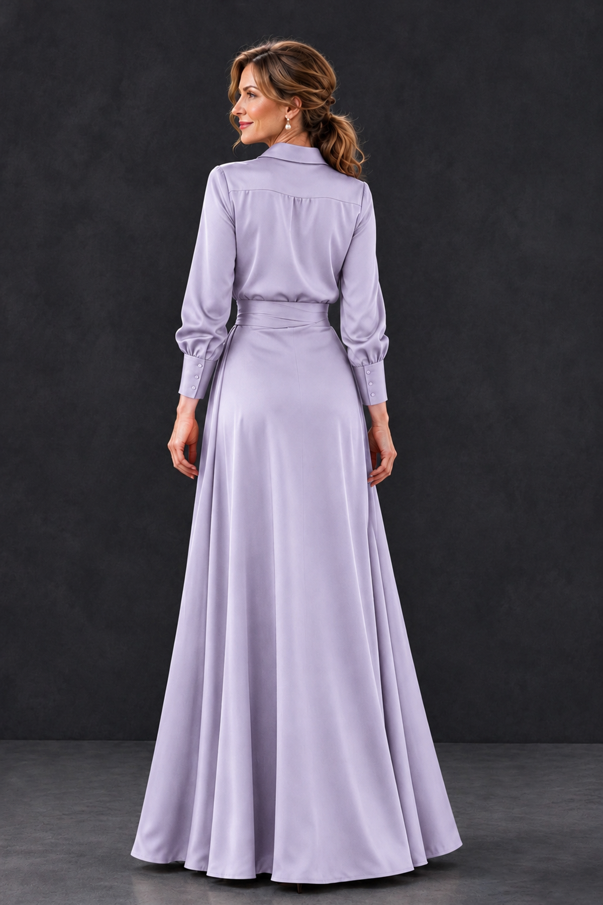 BOLODOO Lavender Long Sleeve Satin-Look Lace Panel Gown - Lavender - Lavender_2