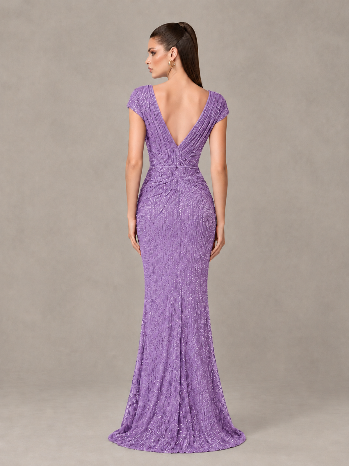 BOLODOO Lavender Glitter V-Neck Cap Sleeve Ruched Mermaid Evening Gown - Lavender - Lavender_2