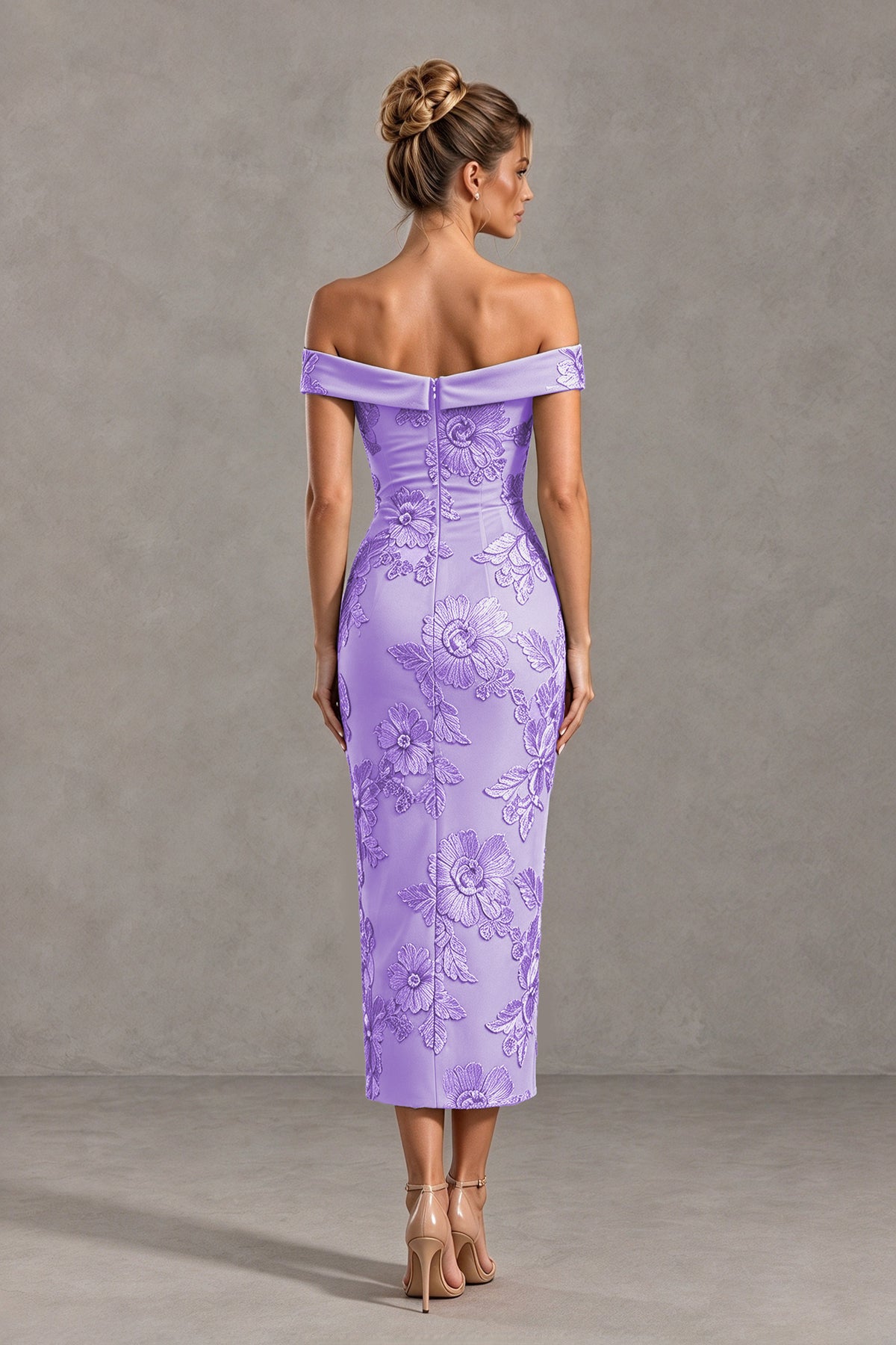 BOLODOO Lavender Off Shoulder Floral Jacquard Midi Dress - Lavender - Lavender(2)