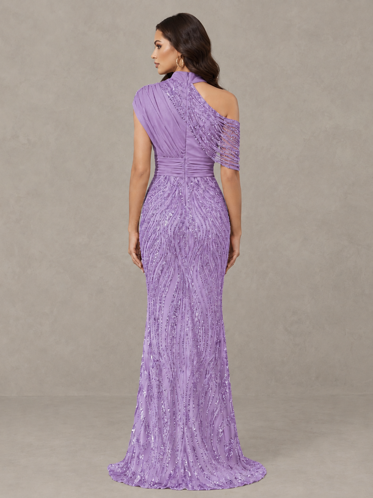 BOLODOO Lavender High Neck Draped Sequin Mermaid Evening Gown - Lavender - Lavender_2