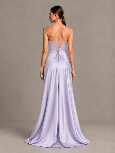 BOLODOO Lavender Strapless Satin High-Slit Lace-Up Prom Dress - Lavender - Lavender_2