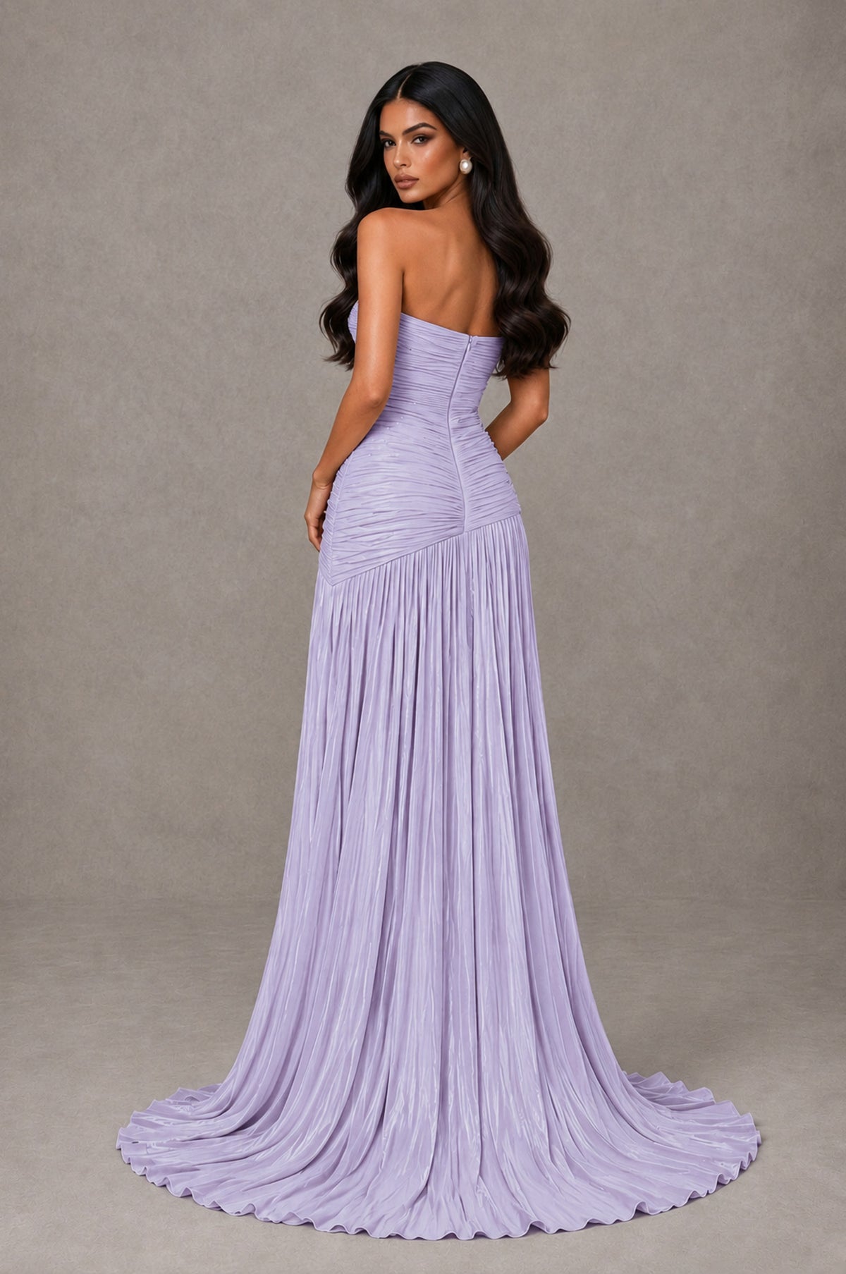 BOLODOO Lavender Metallic Ruched Strapless Pleated A-Line Backless Maxi Dress with Train - Lavender - Lavender_2