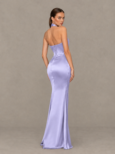 BOLODOO Lavender Cross-Halter Ruched Satin-Look Evening Gown with High Slit - Lavender - Lavender_2