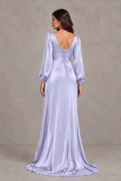 BOLODOO Lavender Satin-Look Long Sleeve Evening Dress with High Slit - Lavender - Lavender_2