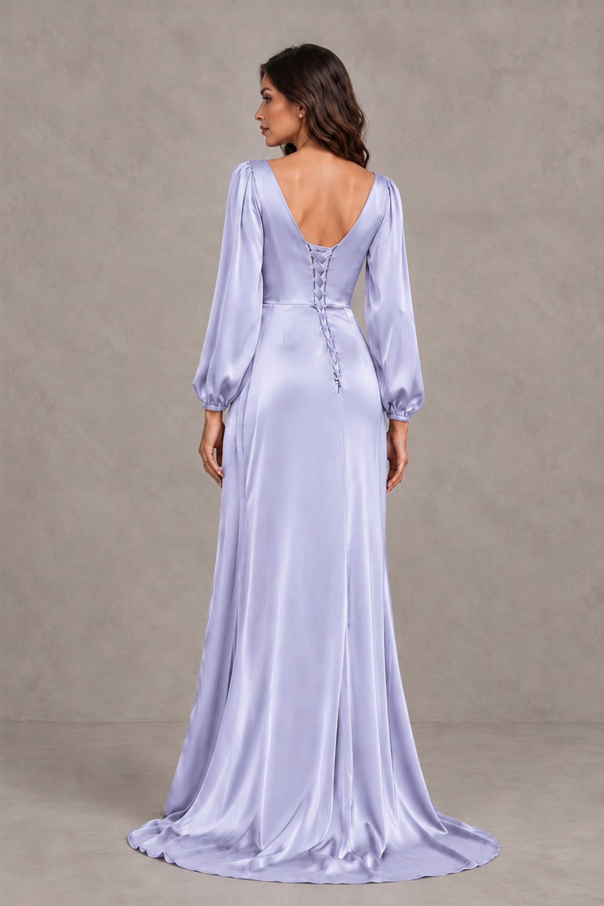 BOLODOO Lavender Satin-Look Long Sleeve Evening Dress with High Slit - Lavender - Lavender_2