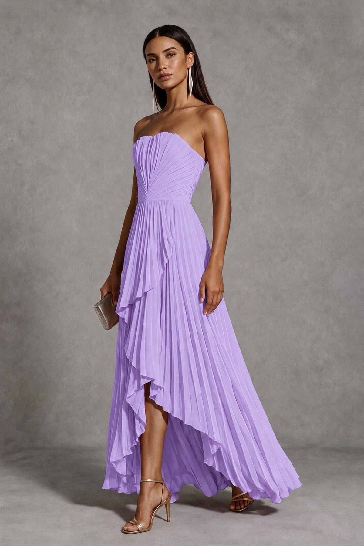 Lavender Strapless Pleated High-Low Evening Gown with Ruffle Hem - Lavender