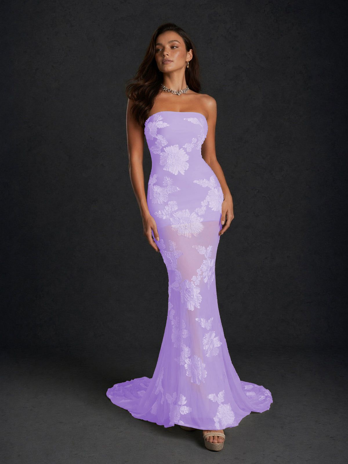 BOLODOO Lavender Champagne Gold Floral Sequin Embroidered Mesh Strapless Open Back Mermaid Maxi Dress with Train - Lavender