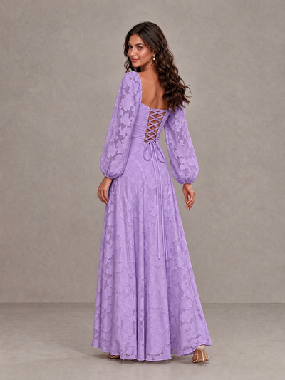 BOLODOO Lavender Floral Long Sleeve A-Line Bridesmaid Dress - Lavender - Lavender_2