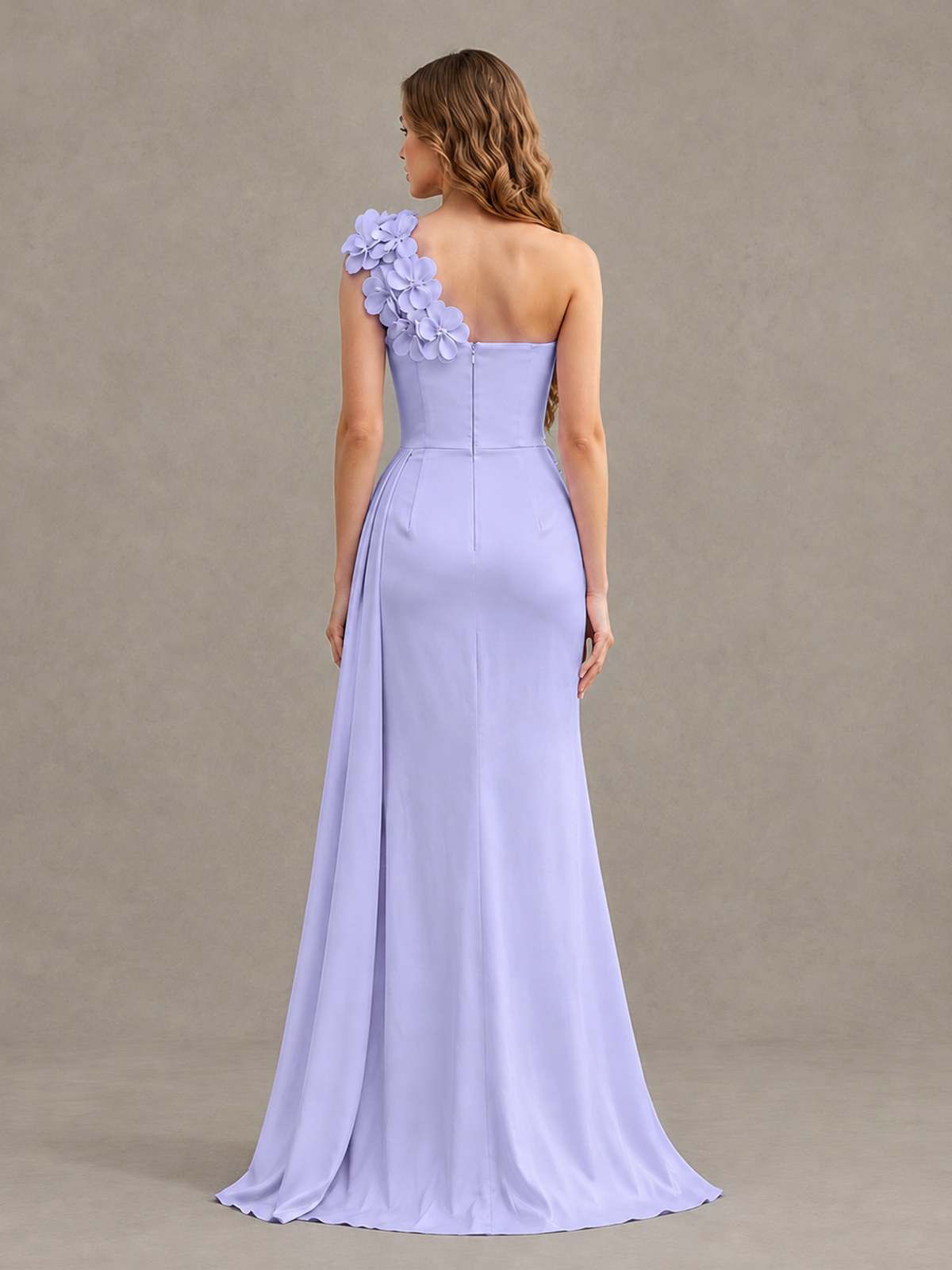 BOLODOO Lavender One-Shoulder Satin Mermaid Evening Gown with 3D Floral Appliqué - Lavender - Lavender_2