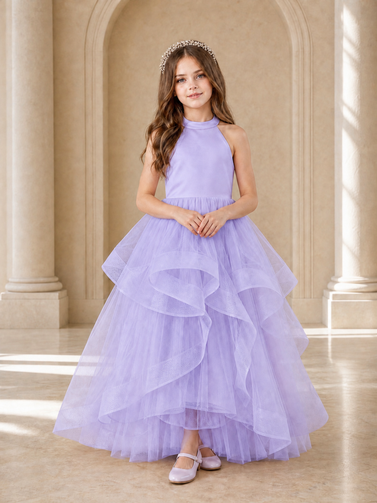 BOLODOO Lavender Halter Tiered Tulle Flower Girl Dress with Bow Back - Lavender - Lavender_2