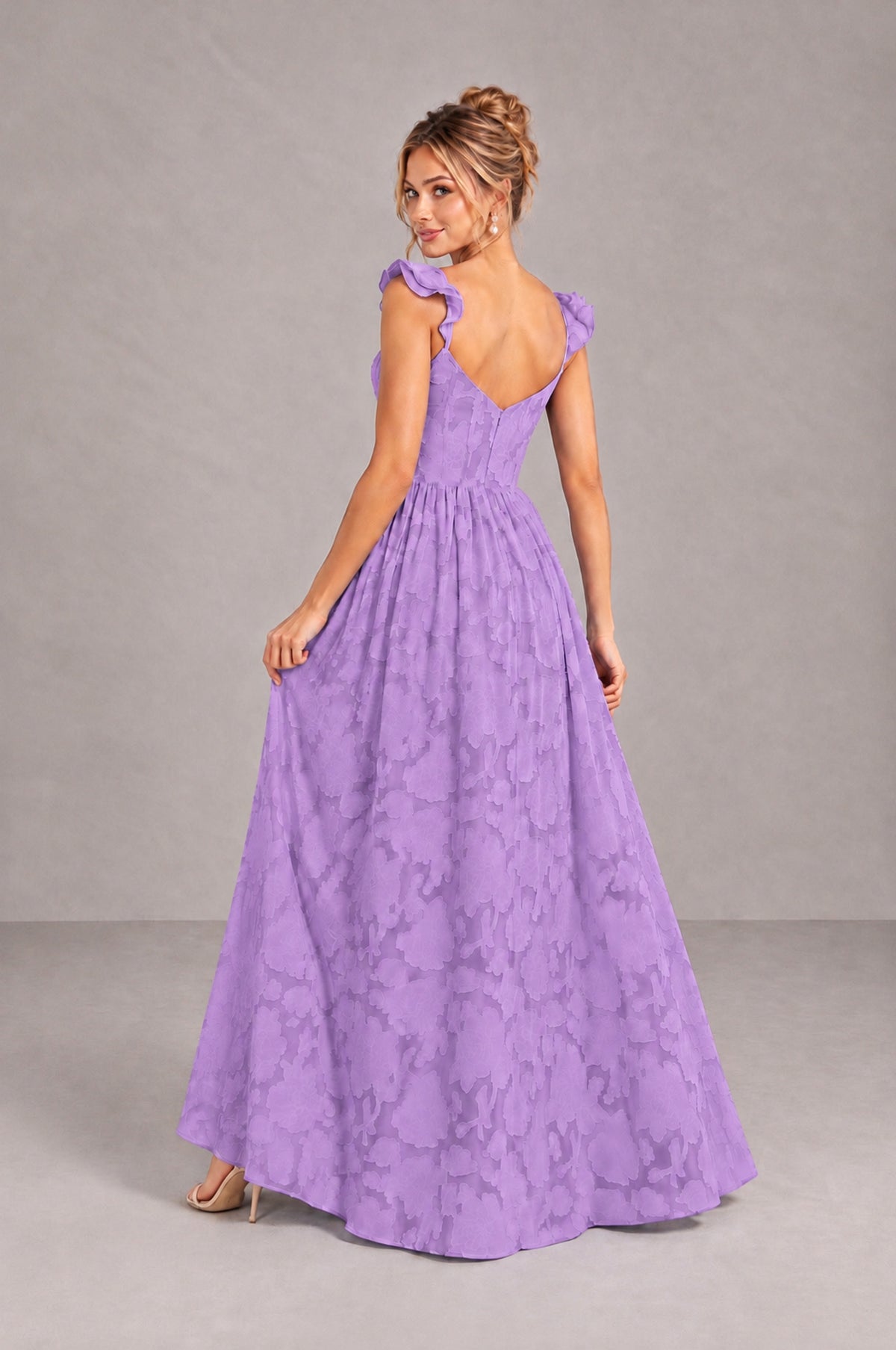 BOLODOO Lavender Floral A-Line Bridesmaid Dress with Slit Ruffle Straps Maxi Gown - Lavender - Lavender_2