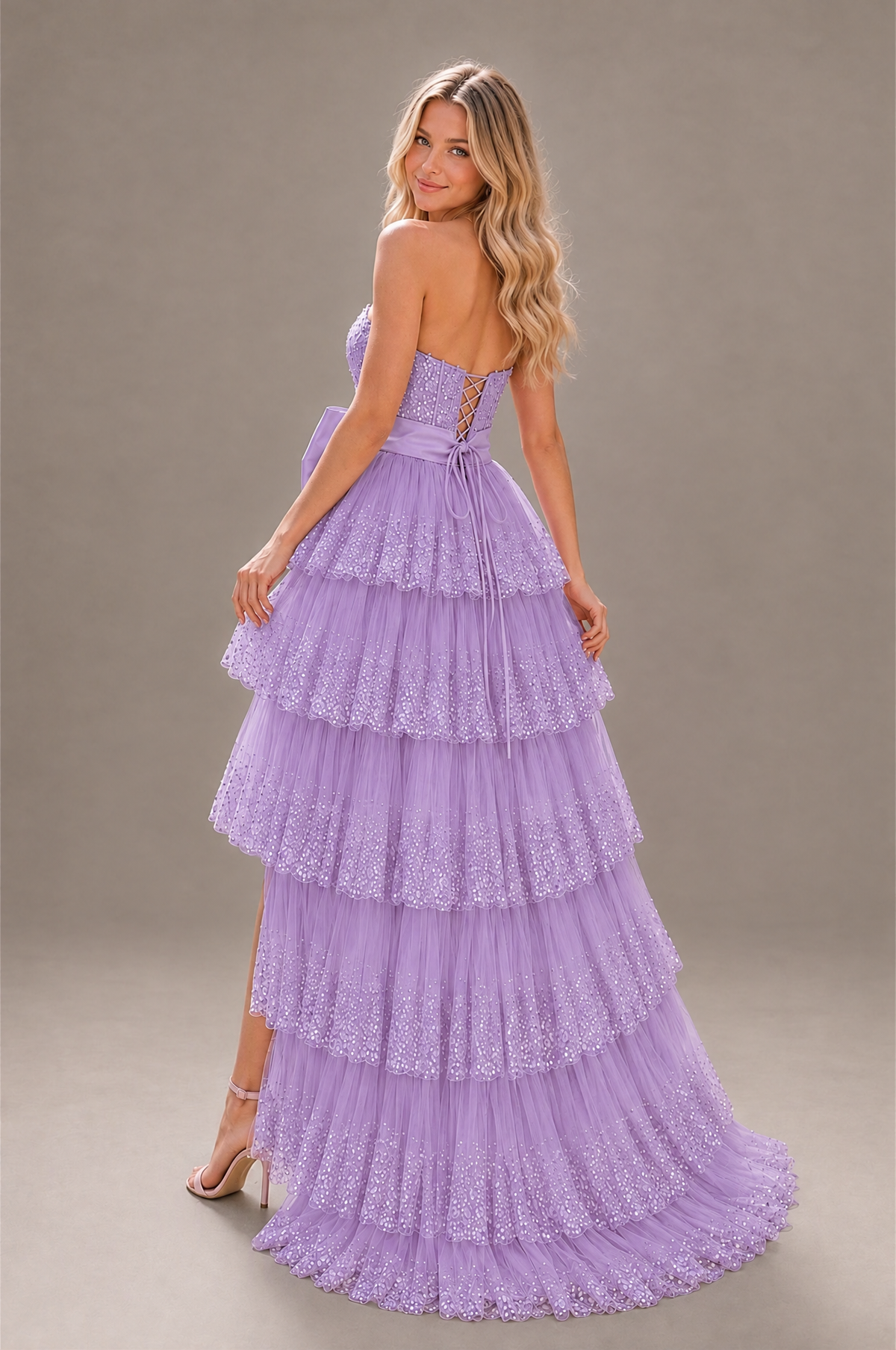 BOLODOO Lavender Strapless Tiered Tulle Prom Dress with Bow - Lavender - Lavender_2