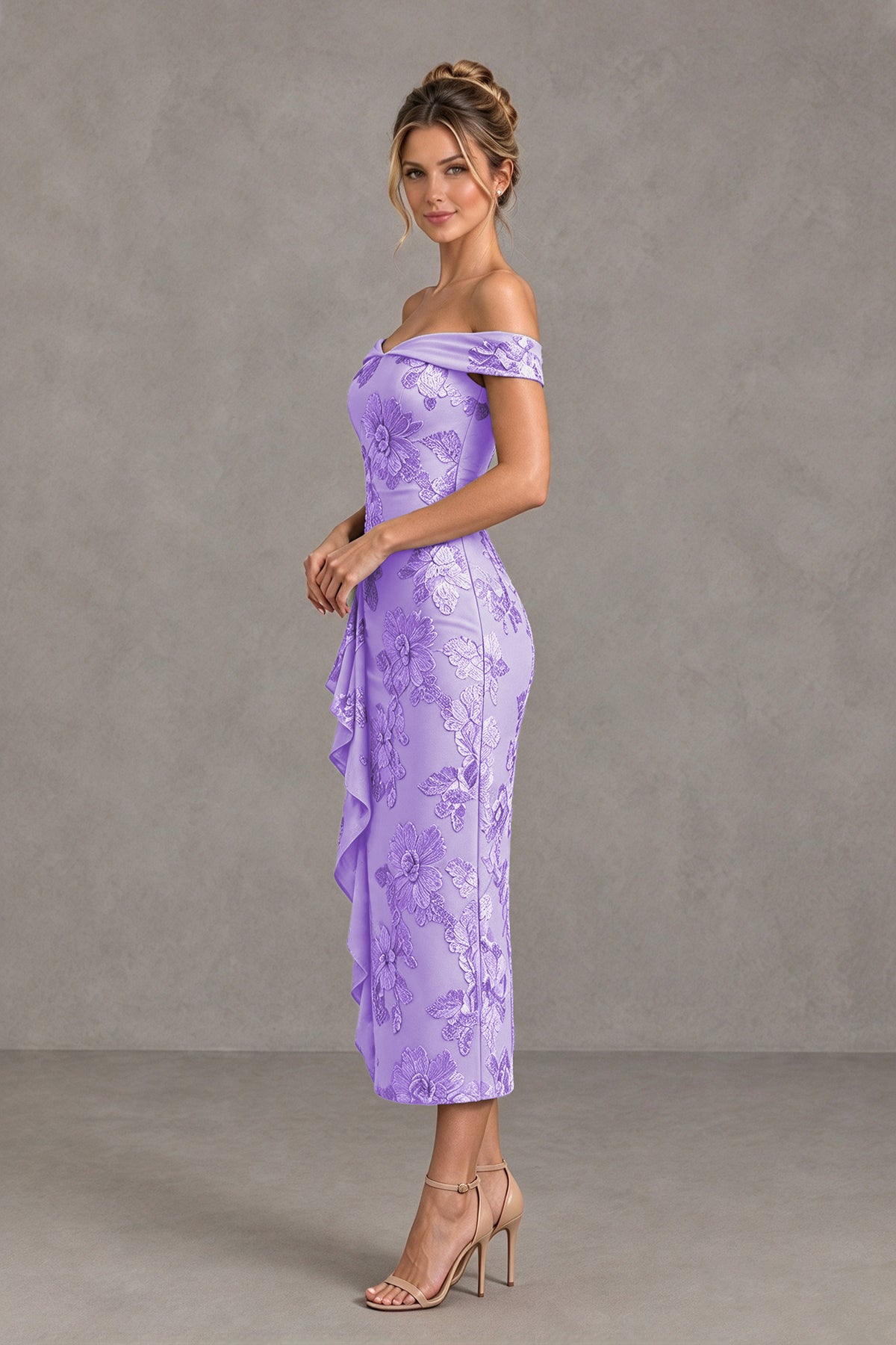 BOLODOO Lavender Off Shoulder Floral Jacquard Midi Dress - Lavender - Lavender(3)