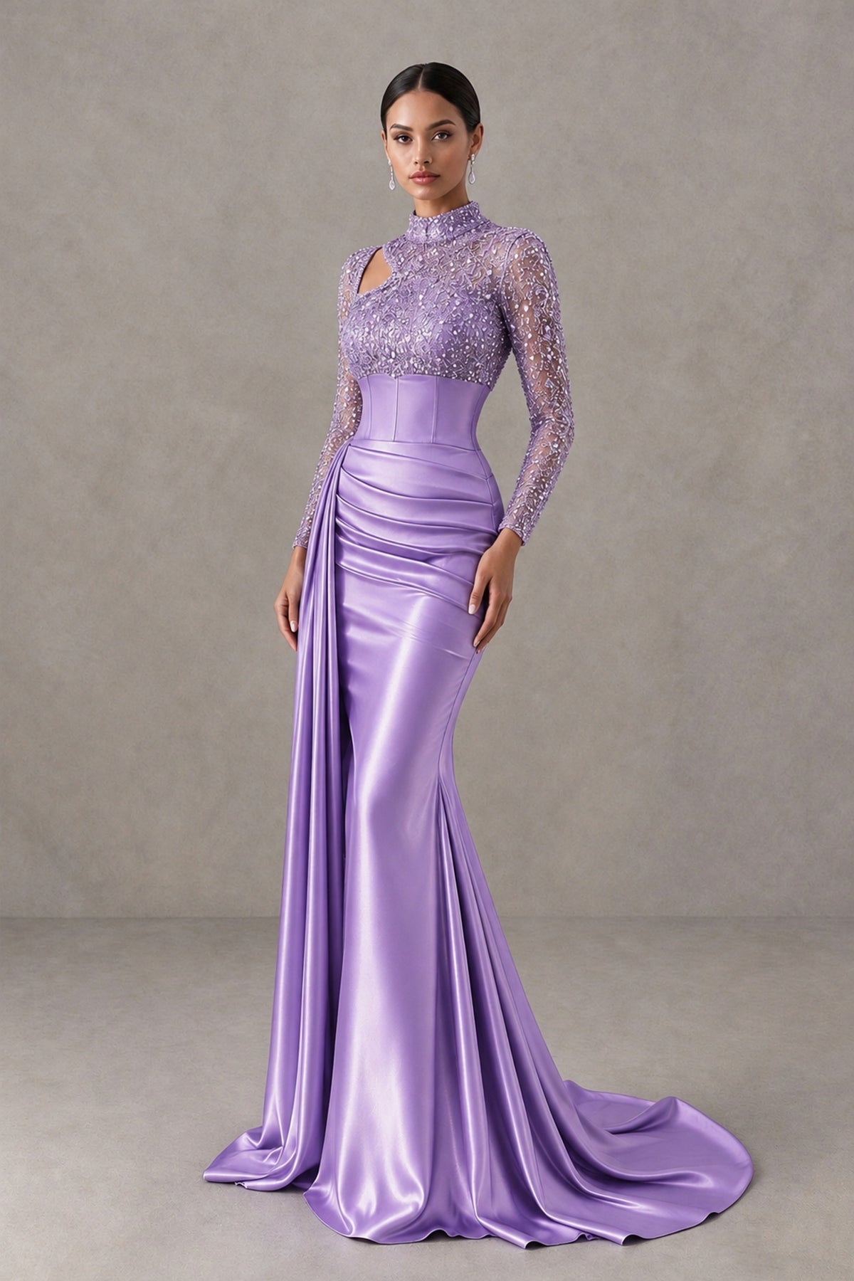 BOLODOO Lavender Long Sleeve Embellished Satin Mermaid Evening Gown - Lavender - Lavender_3