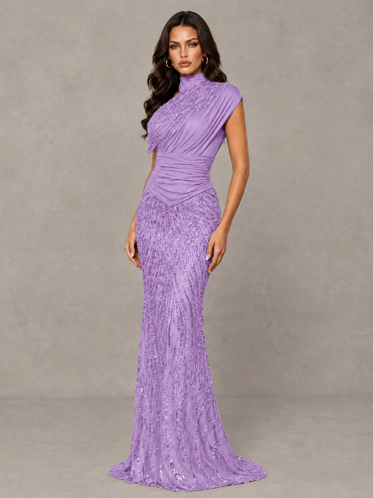 BOLODOO Lavender High Neck Draped Sequin Mermaid Evening Gown - Lavender - Lavender_3