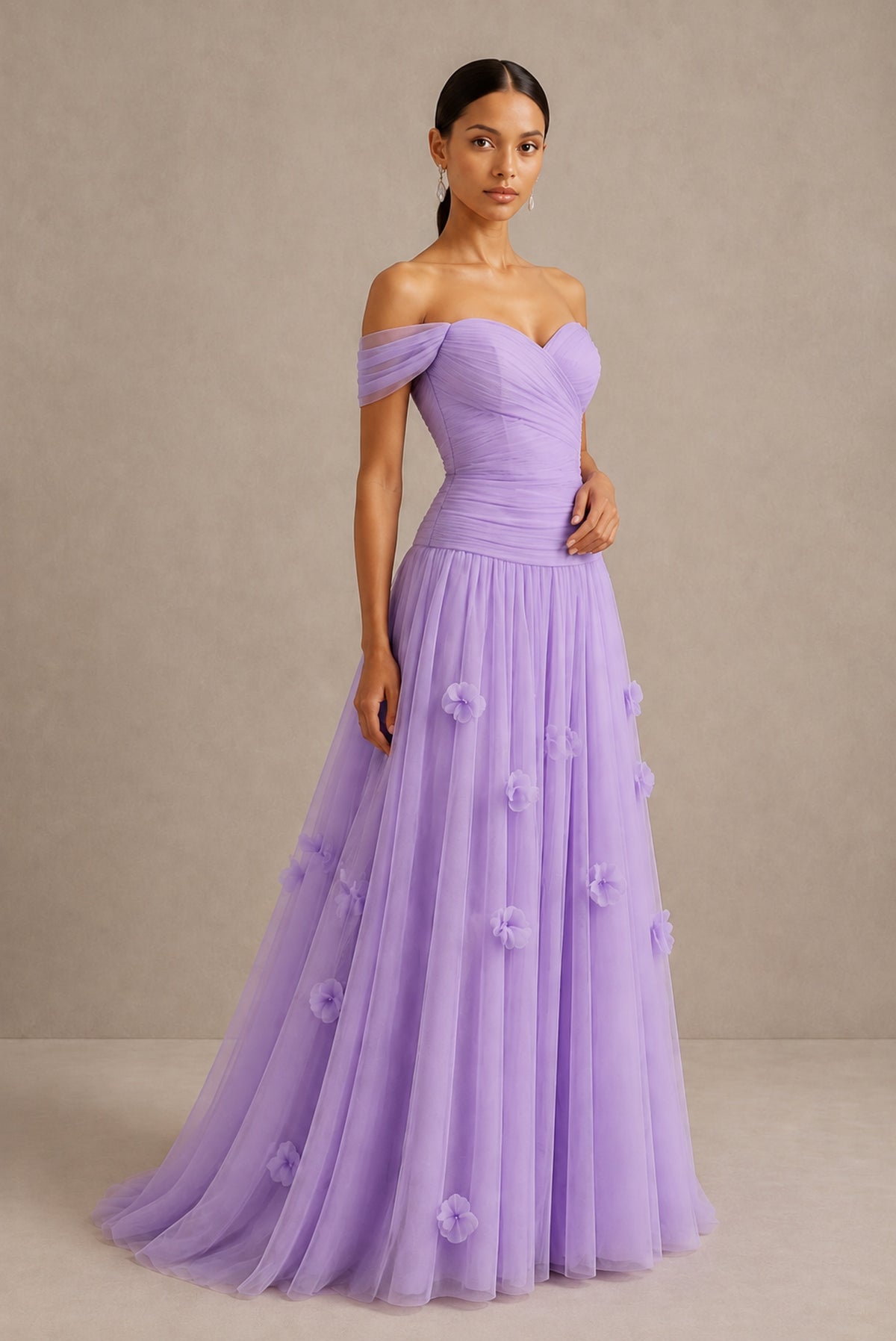 Lavender Off-Shoulder Sweetheart A-Line Tulle Gown with 3D Floral Appliques | BOLODOO - Lavender